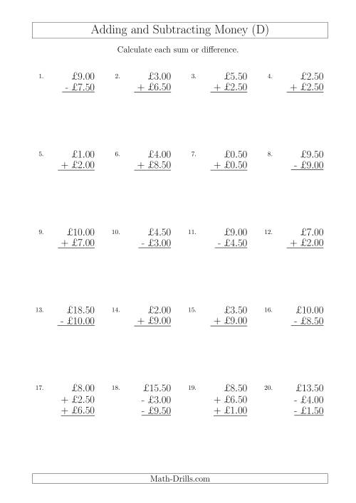 The Adding and Subtracting Pounds with Amounts up to £10 in 50 Pence Increments (D) Math Worksheet