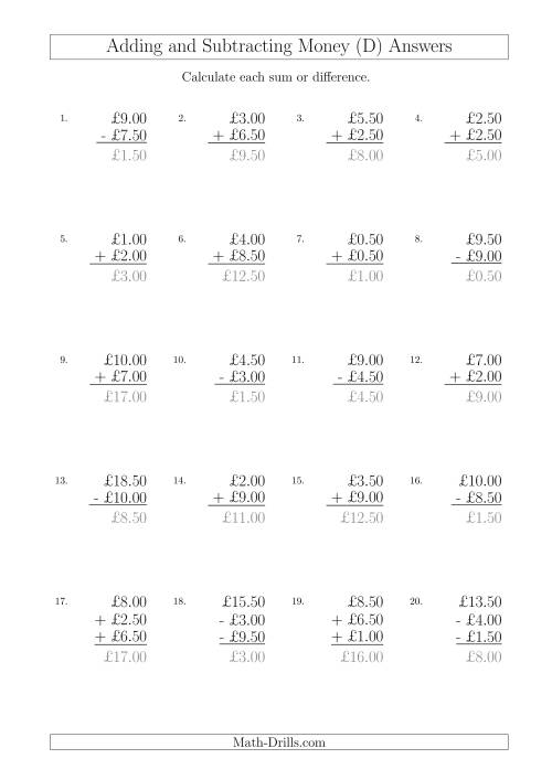 The Adding and Subtracting Pounds with Amounts up to £10 in 50 Pence Increments (D) Math Worksheet Page 2
