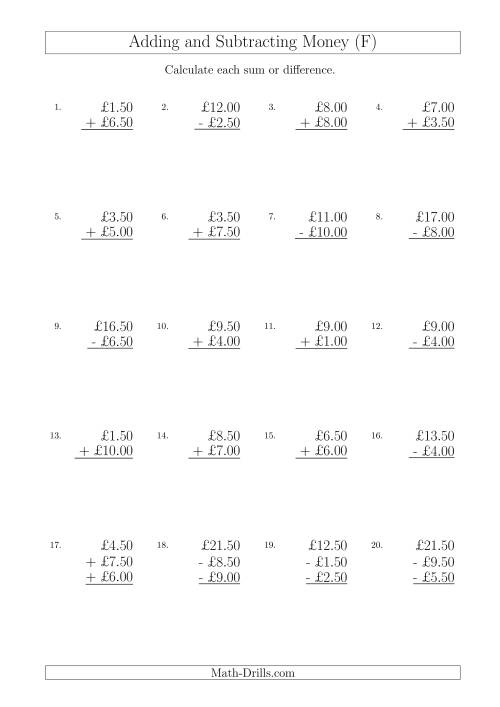The Adding and Subtracting Pounds with Amounts up to £10 in 50 Pence Increments (F) Math Worksheet