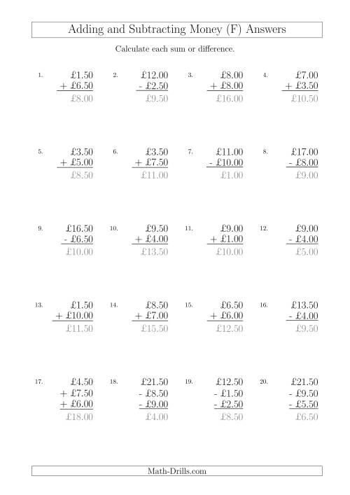 The Adding and Subtracting Pounds with Amounts up to £10 in 50 Pence Increments (F) Math Worksheet Page 2