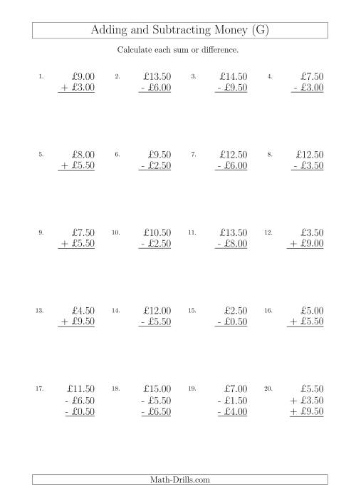 The Adding and Subtracting Pounds with Amounts up to £10 in 50 Pence Increments (G) Math Worksheet