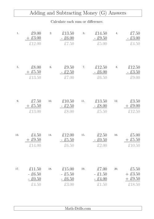 The Adding and Subtracting Pounds with Amounts up to £10 in 50 Pence Increments (G) Math Worksheet Page 2