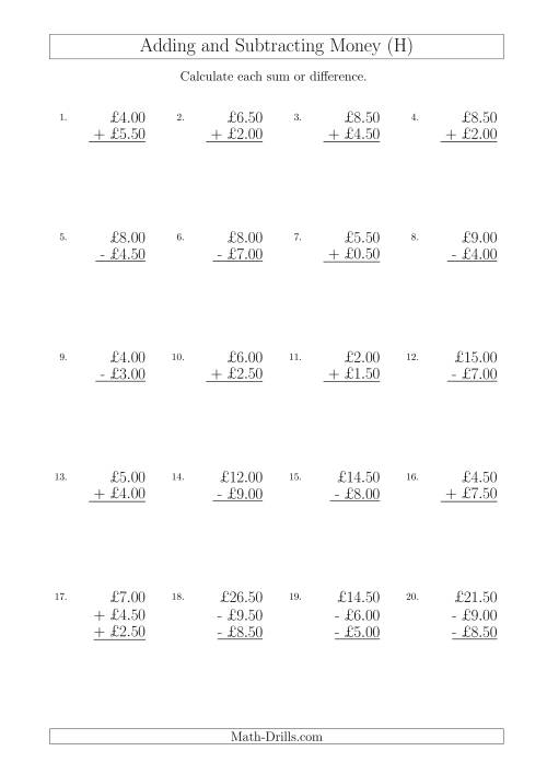 The Adding and Subtracting Pounds with Amounts up to £10 in 50 Pence Increments (H) Math Worksheet