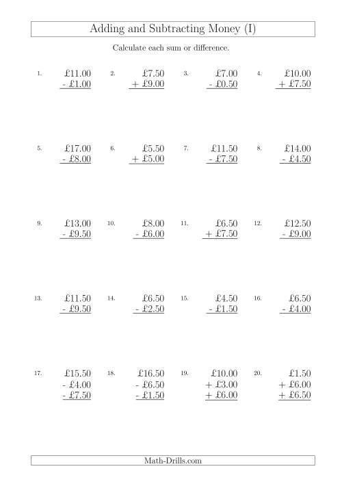 The Adding and Subtracting Pounds with Amounts up to £10 in 50 Pence Increments (I) Math Worksheet