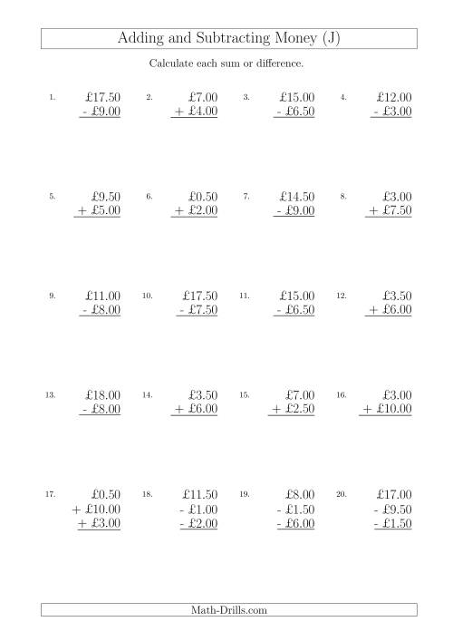 The Adding and Subtracting Pounds with Amounts up to £10 in 50 Pence Increments (J) Math Worksheet