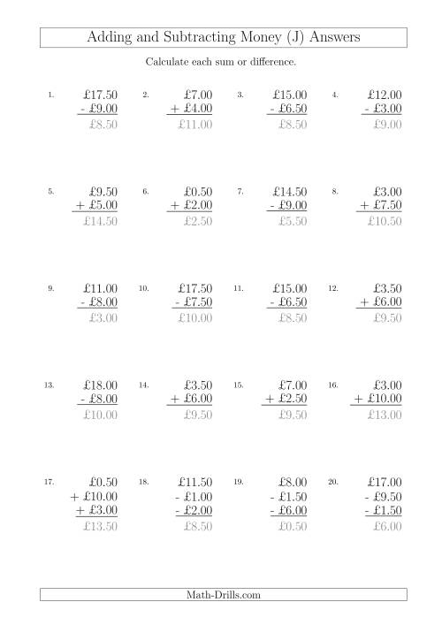 The Adding and Subtracting Pounds with Amounts up to £10 in 50 Pence Increments (J) Math Worksheet Page 2