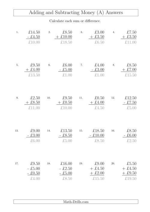 The Adding and Subtracting Pounds with Amounts up to £10 in 50 Pence Increments (All) Math Worksheet Page 2