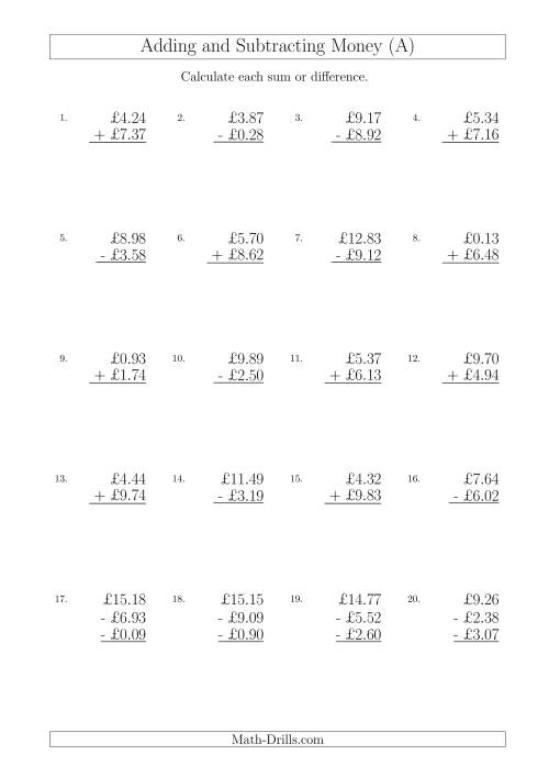 The Adding and Subtracting Pounds with Amounts up to £10 (A) Math Worksheet