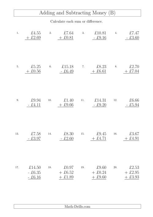 The Adding and Subtracting Pounds with Amounts up to £10 (B) Math Worksheet