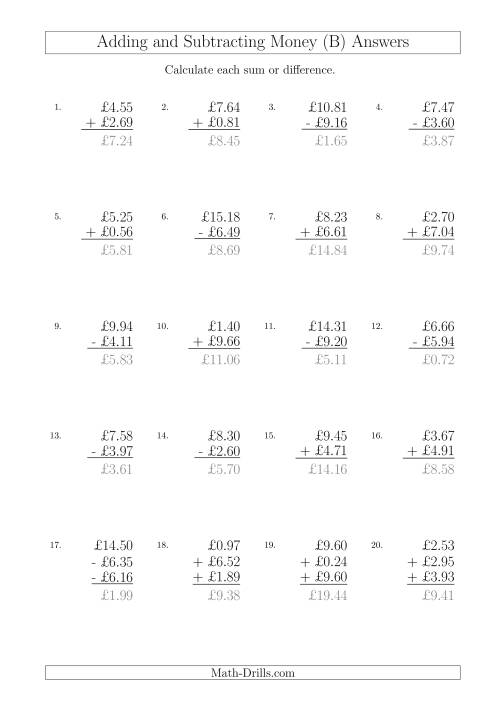 The Adding and Subtracting Pounds with Amounts up to £10 (B) Math Worksheet Page 2