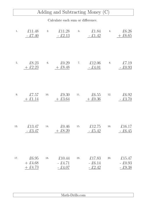 The Adding and Subtracting Pounds with Amounts up to £10 (C) Math Worksheet