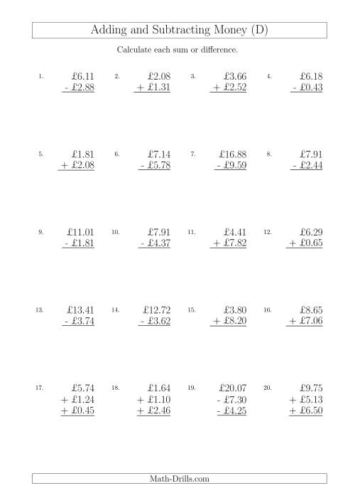 The Adding and Subtracting Pounds with Amounts up to £10 (D) Math Worksheet