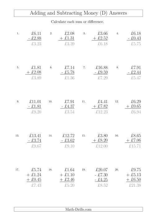 The Adding and Subtracting Pounds with Amounts up to £10 (D) Math Worksheet Page 2