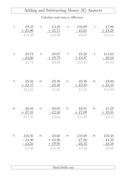 The Adding and Subtracting Pounds with Amounts up to £10 (E) Math Worksheet Page 2