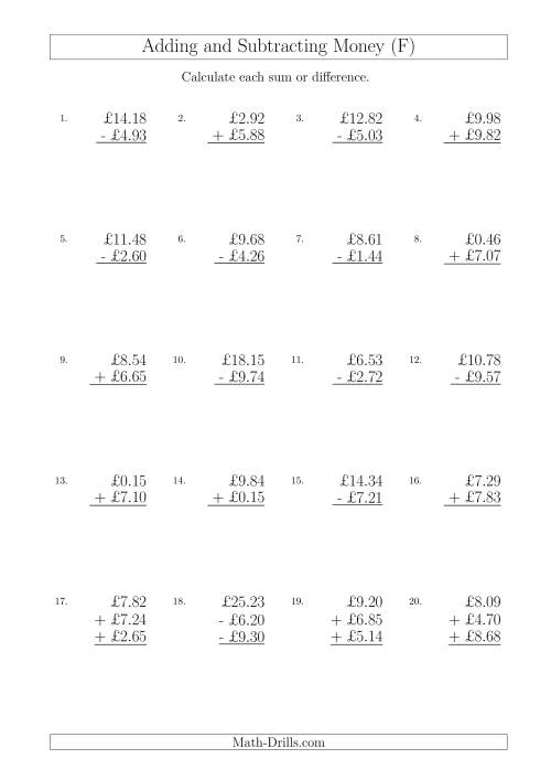 The Adding and Subtracting Pounds with Amounts up to £10 (F) Math Worksheet