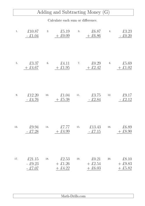 The Adding and Subtracting Pounds with Amounts up to £10 (G) Math Worksheet