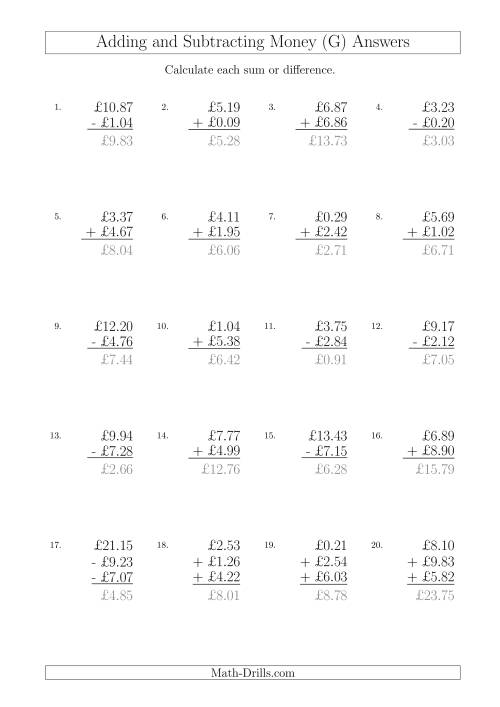 The Adding and Subtracting Pounds with Amounts up to £10 (G) Math Worksheet Page 2