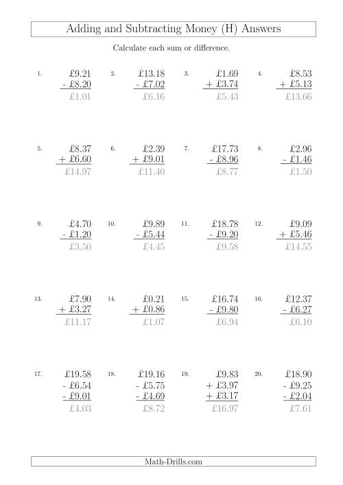 The Adding and Subtracting Pounds with Amounts up to £10 (H) Math Worksheet Page 2