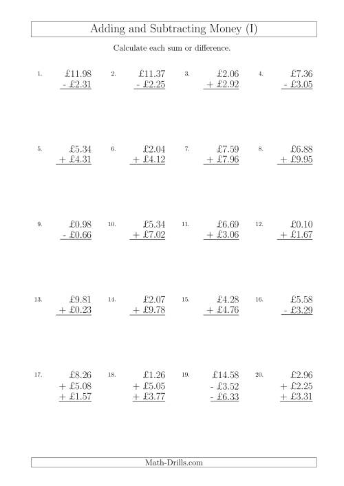 The Adding and Subtracting Pounds with Amounts up to £10 (I) Math Worksheet