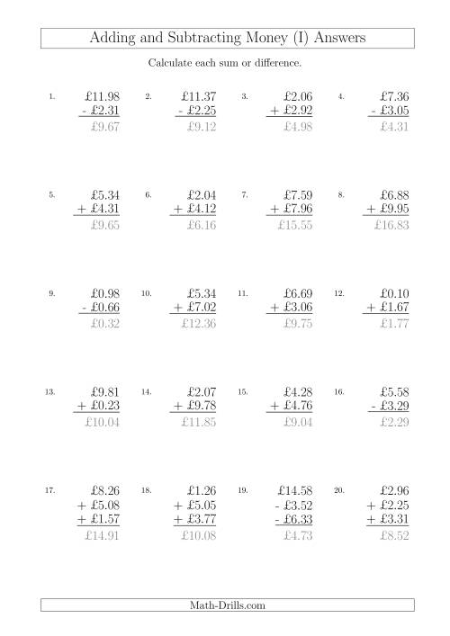 The Adding and Subtracting Pounds with Amounts up to £10 (I) Math Worksheet Page 2