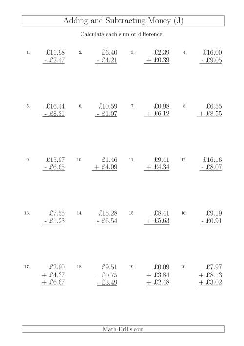 The Adding and Subtracting Pounds with Amounts up to £10 (J) Math Worksheet