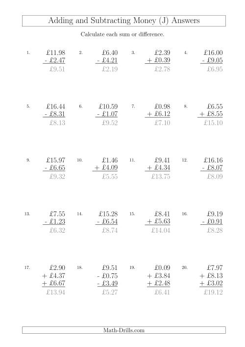 The Adding and Subtracting Pounds with Amounts up to £10 (J) Math Worksheet Page 2