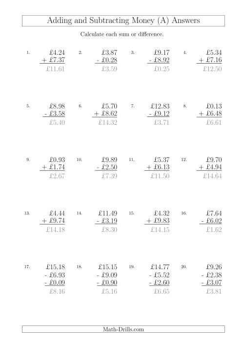 The Adding and Subtracting Pounds with Amounts up to £10 (All) Math Worksheet Page 2