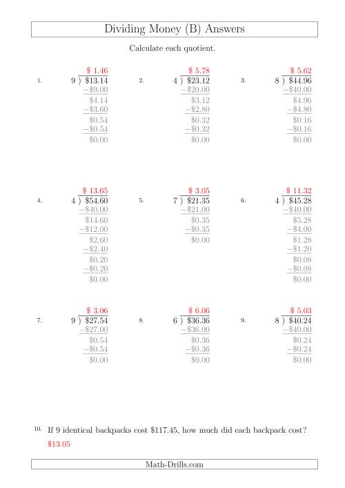 The Dividing Dollar Amounts by One-Digit Divisors (A4 Size) (B) Math Worksheet Page 2