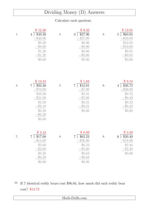The Dividing Dollar Amounts by One-Digit Divisors (A4 Size) (D) Math Worksheet Page 2