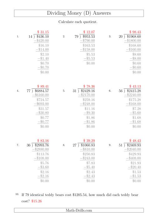 The Dividing Dollar Amounts by Two-Digit Divisors (A4 Size) (D) Math Worksheet Page 2