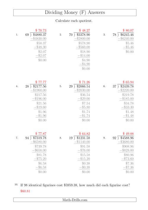 The Dividing Dollar Amounts by Two-Digit Divisors (A4 Size) (F) Math Worksheet Page 2
