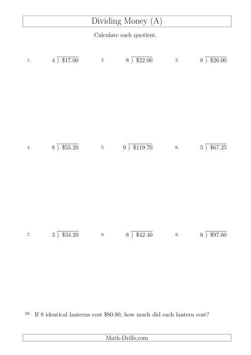 The Dividing Dollar Amounts in Increments of 5 Cents by One-Digit Divisors (A4 Size) (A) Math Worksheet