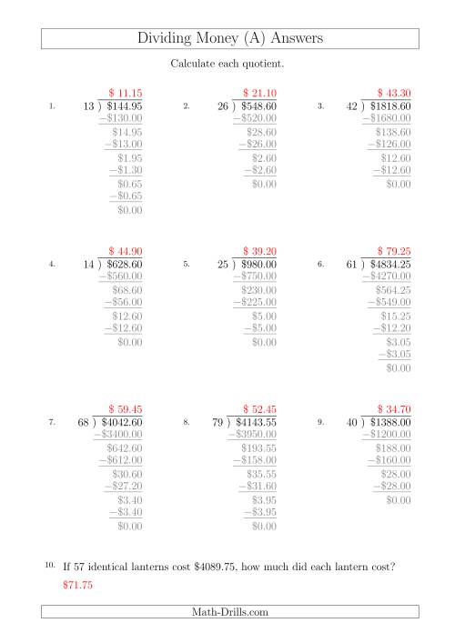 The Dividing Dollar Amounts in Increments of 5 Cents by Two-Digit Divisors (A4 Size) (A) Math Worksheet Page 2