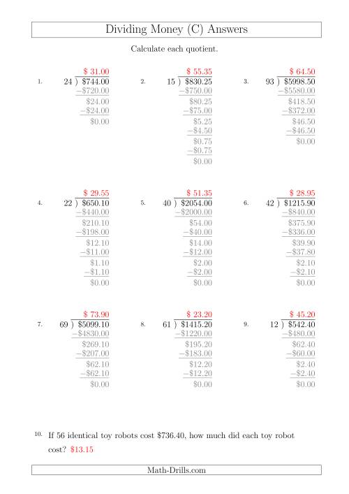 The Dividing Dollar Amounts in Increments of 5 Cents by Two-Digit Divisors (A4 Size) (C) Math Worksheet Page 2