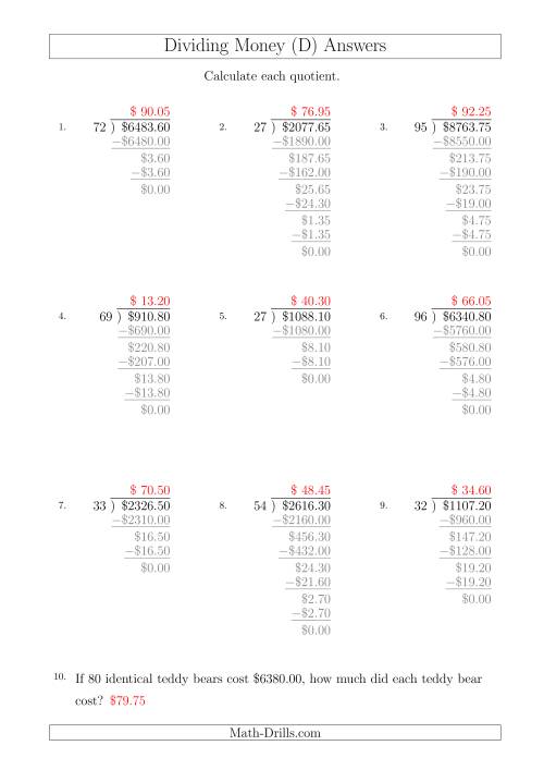 The Dividing Dollar Amounts in Increments of 5 Cents by Two-Digit Divisors (A4 Size) (D) Math Worksheet Page 2