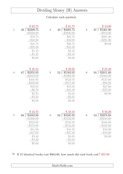 The Dividing Dollar Amounts in Increments of 5 Cents by Two-Digit Divisors (A4 Size) (H) Math Worksheet Page 2