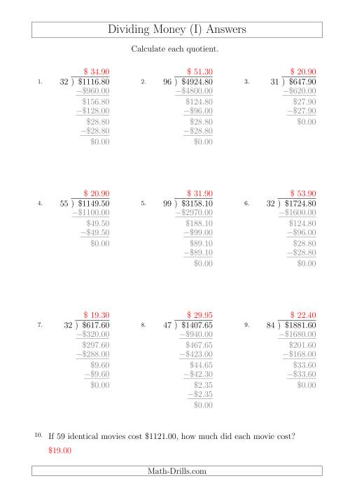 The Dividing Dollar Amounts in Increments of 5 Cents by Two-Digit Divisors (A4 Size) (I) Math Worksheet Page 2