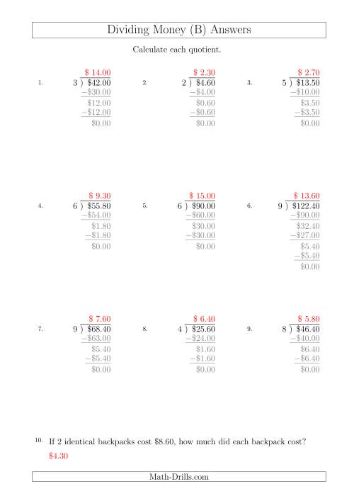 The Dividing Dollar Amounts in Increments of 10 Cents by One-Digit Divisors (A4 Size) (B) Math Worksheet Page 2