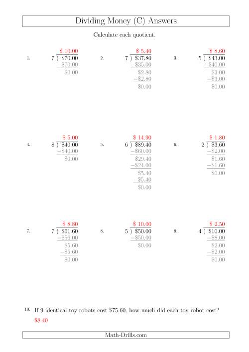 The Dividing Dollar Amounts in Increments of 10 Cents by One-Digit Divisors (A4 Size) (C) Math Worksheet Page 2