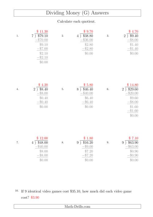 The Dividing Dollar Amounts in Increments of 10 Cents by One-Digit Divisors (A4 Size) (G) Math Worksheet Page 2