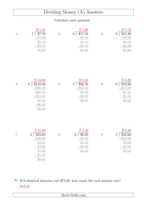 The Dividing Dollar Amounts in Increments of 10 Cents by One-Digit Divisors (A4 Size) (All) Math Worksheet Page 2