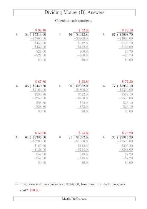 The Dividing Dollar Amounts in Increments of 10 Cents by Two-Digit Divisors (A4 Size) (B) Math Worksheet Page 2