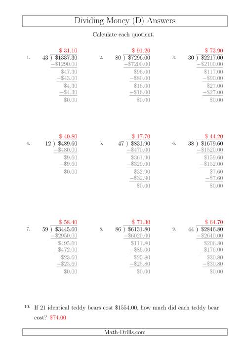 The Dividing Dollar Amounts in Increments of 10 Cents by Two-Digit Divisors (A4 Size) (D) Math Worksheet Page 2