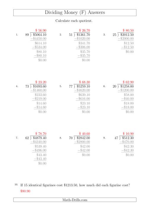 The Dividing Dollar Amounts in Increments of 10 Cents by Two-Digit Divisors (A4 Size) (F) Math Worksheet Page 2