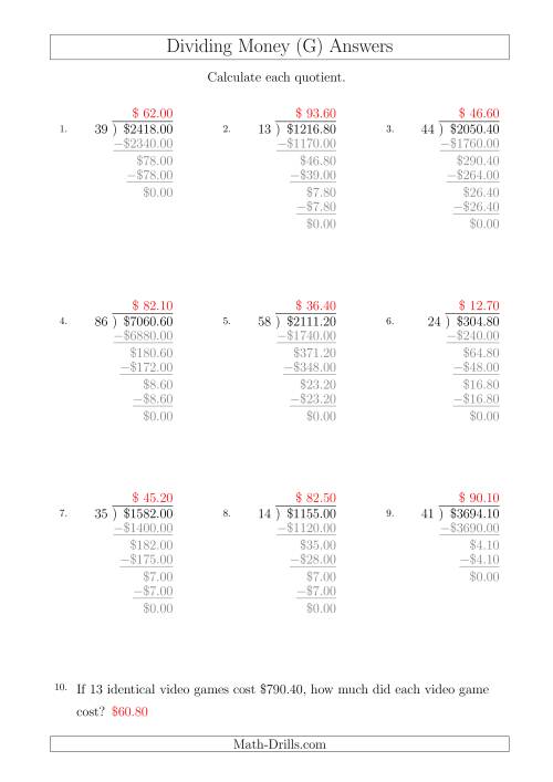 The Dividing Dollar Amounts in Increments of 10 Cents by Two-Digit Divisors (A4 Size) (G) Math Worksheet Page 2