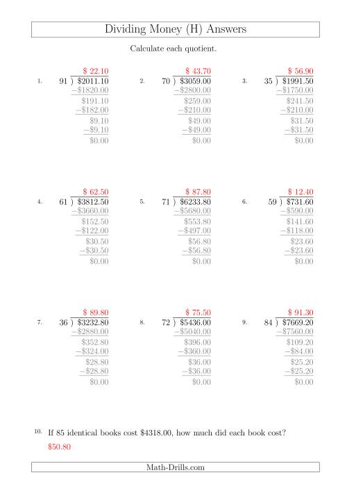 The Dividing Dollar Amounts in Increments of 10 Cents by Two-Digit Divisors (A4 Size) (H) Math Worksheet Page 2