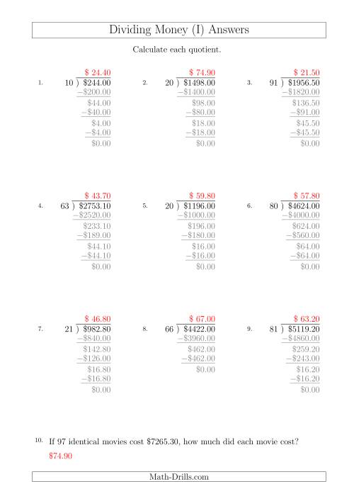 The Dividing Dollar Amounts in Increments of 10 Cents by Two-Digit Divisors (A4 Size) (I) Math Worksheet Page 2