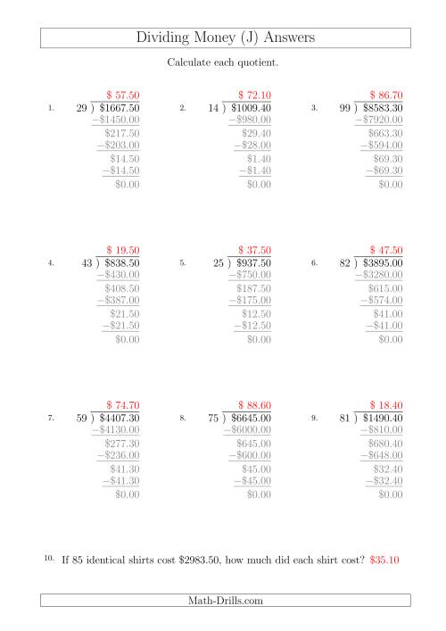 The Dividing Dollar Amounts in Increments of 10 Cents by Two-Digit Divisors (A4 Size) (J) Math Worksheet Page 2