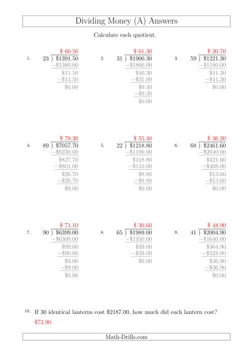 The Dividing Dollar Amounts in Increments of 10 Cents by Two-Digit Divisors (A4 Size) (All) Math Worksheet Page 2