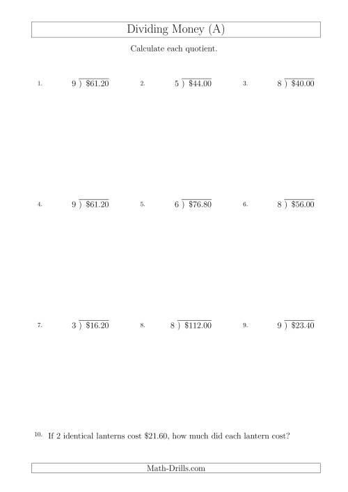 The Dividing Dollar Amounts in Increments of 20 Cents by One-Digit Divisors (A4 Size) (A) Math Worksheet